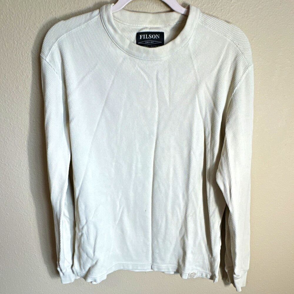 Filson Men’s Long Sleeve Waffle Knit Crew Neck T-Shirt White Logo Size M